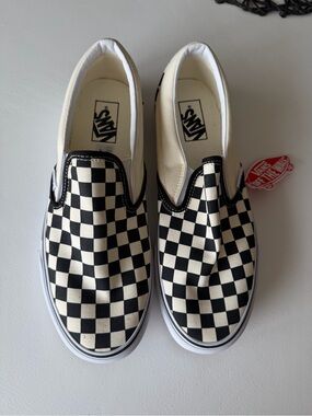 NWT Men’s Vans Slip-On Checkerboard Sneakers - Black, White, and cream.
